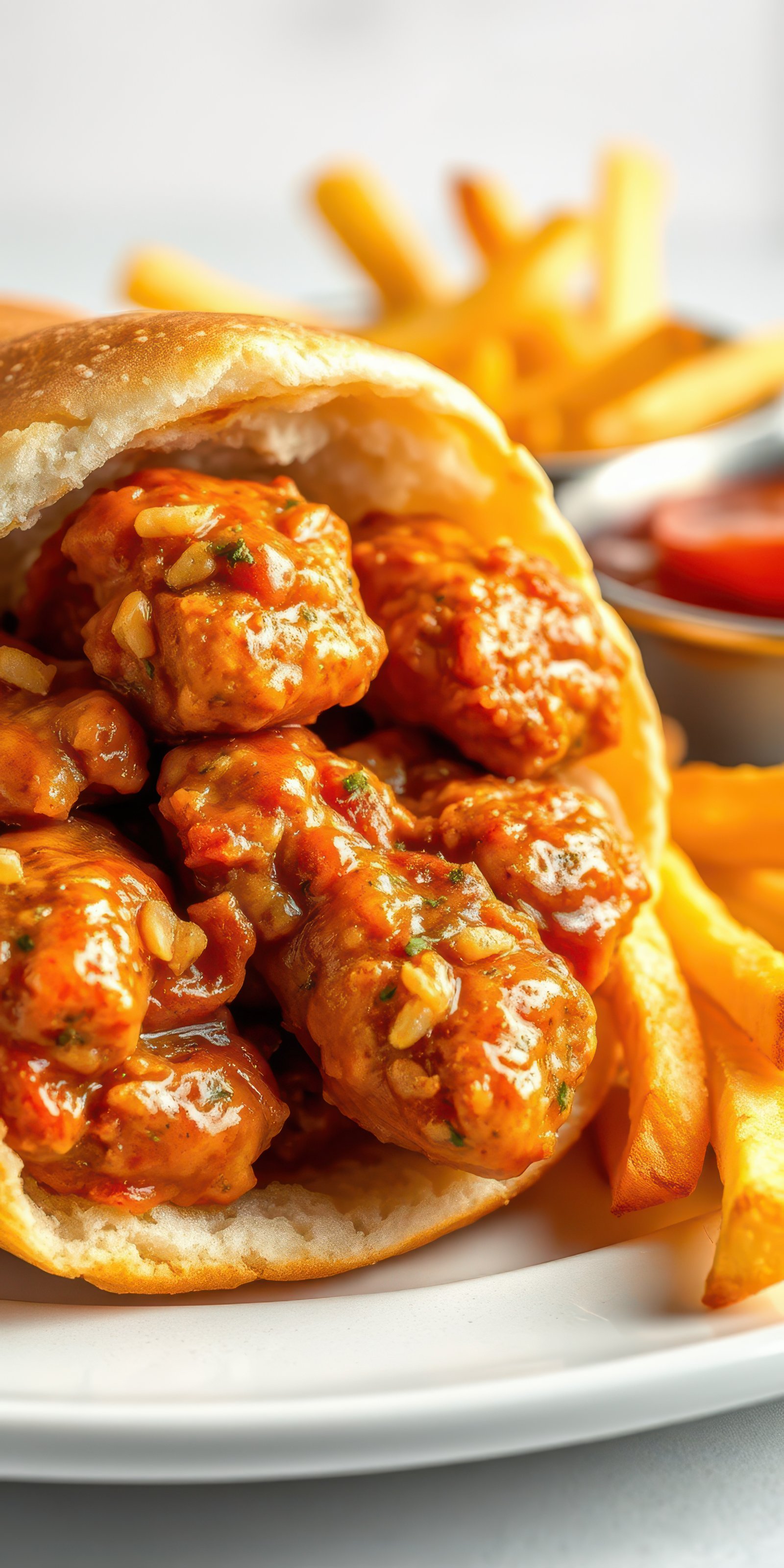 Savory meatballs in sauce served in a warm bread roll with crispy fries on the side for a delicious meal